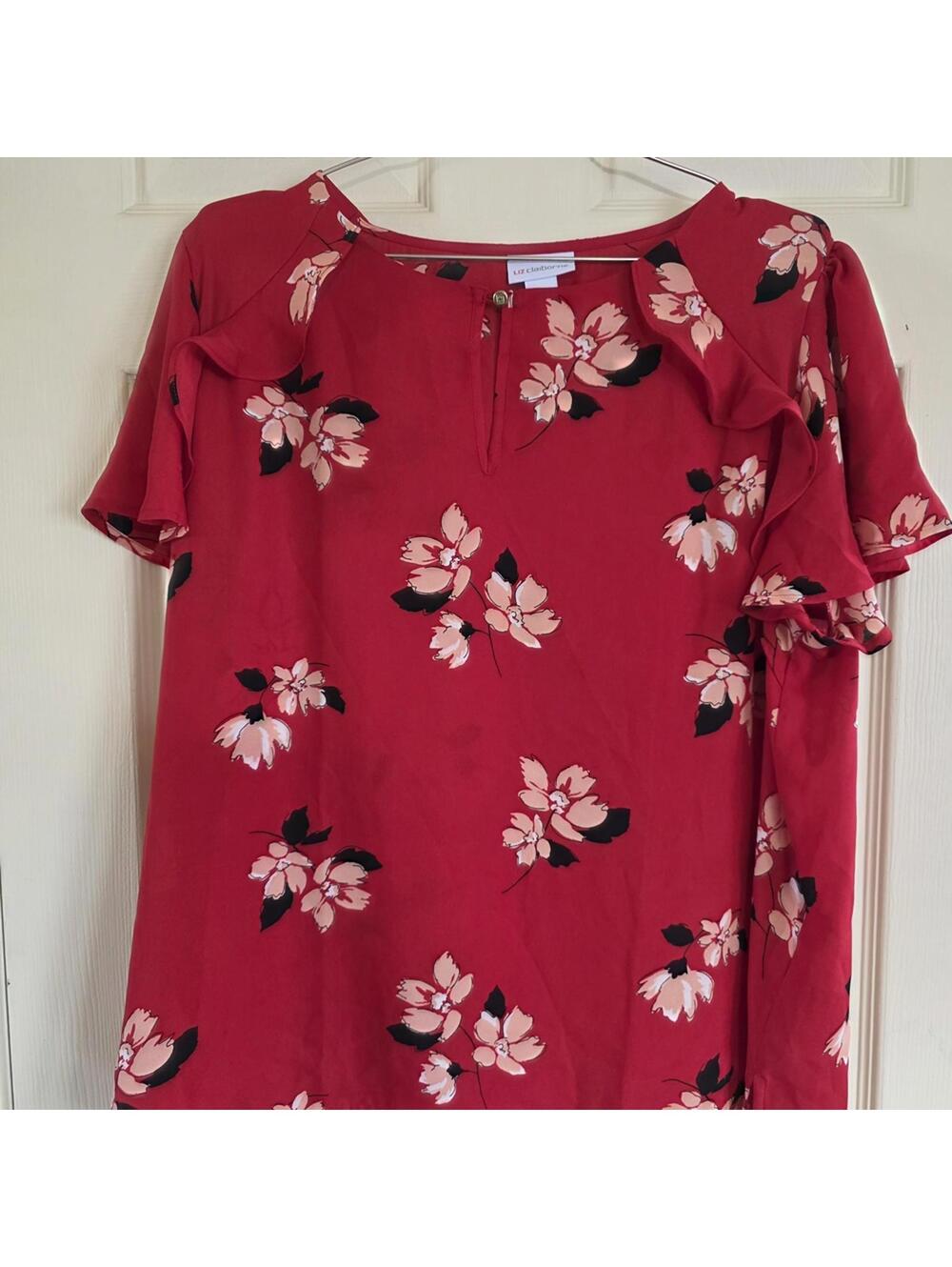 Liz Claiborne Red Floral Ruffle Sleeve Blouse